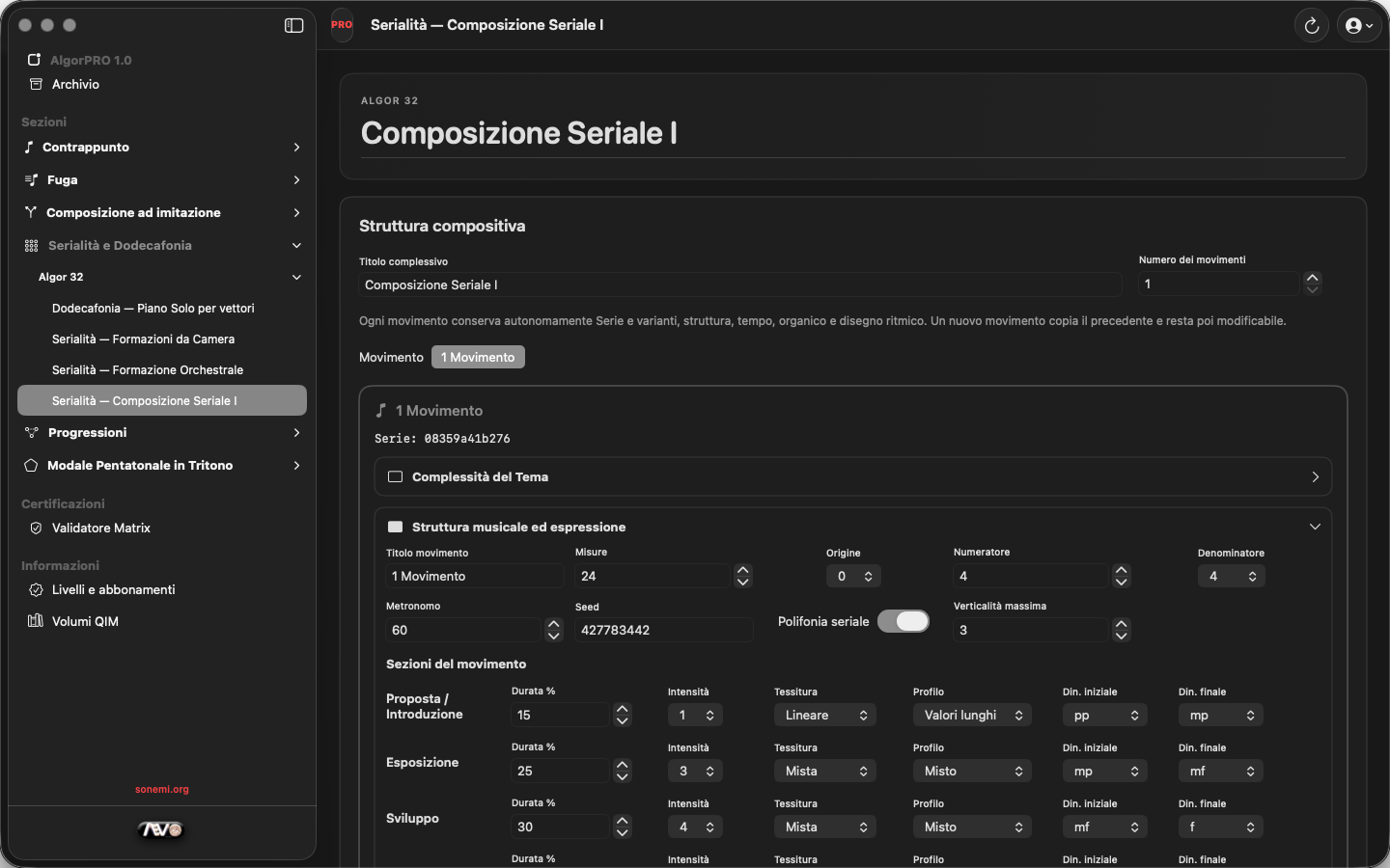 Scheda Composizione Seriale I nell'interfaccia di AlgorPRO